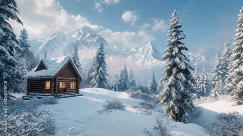 A mountain cabin in a wintry setting