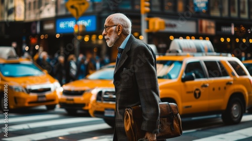elderly man in business attire walking through a zebra crossing. Concepts of working during the pre-retirement period