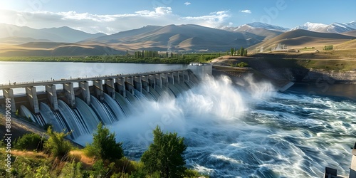 Generating Power: Aerial View of Hydroelectric Dam at Toktogul, Kyrgyzstan. Concept Hydropower, Renewable Energy, Aerial Photography, Toktogul Dam, Kyrgyzstan photo