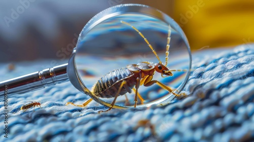 Magnifying glass detecting bed bugs on mattress