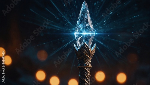 A mystical staff topped with a glowing crystal pulsati photo