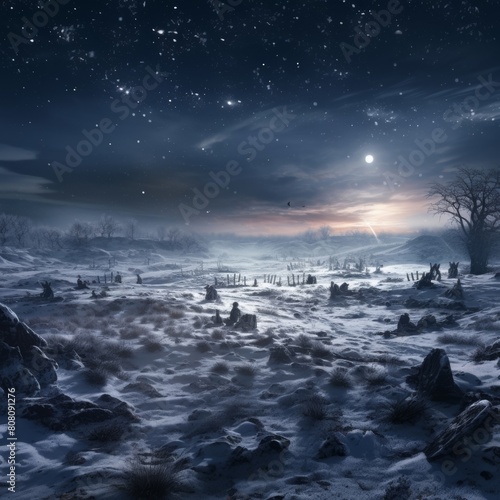 snowy medieval battlefield landscape with fallen warriors on the ground  moonlight