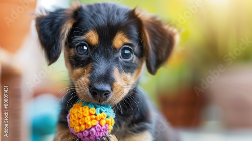 cute puppy playfulness, cute puppy joyfully playing with a squeaky toy, carrying it in its mouth with adorable floppy ears, playful and full of energy photo
