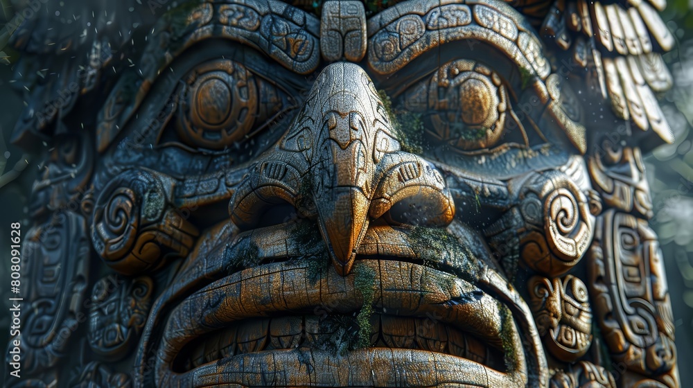 Naklejka premium A detailed realistic 3D rendering of an ancient Mayan totem. The totem is made of stone and has intricate carvings. The totem is in a jungle setting.