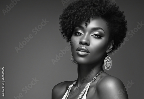 Elegant Fashion Portrait of a Stylish African American Model with Chic Make-up in Studio Lighting