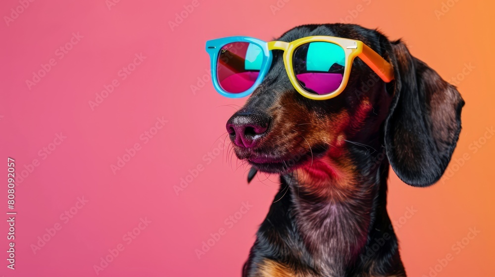 A dog wearing colorful sunglasses on a pink background. A dog wearing colorful sunglasses on a pink background.