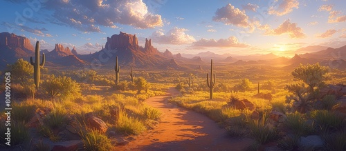 wide shot of Arizona desert at sunset, cacti and mountains in the background photo