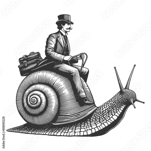 Gentleman man riding large, detailed snail, blending whimsy with realism sketch engraving generative ai fictional character vector illustration. Scratch board imitation. Black and white image.