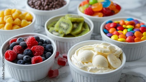 frozen yogurt creations, enhance your classic frozen yogurt with small bowls of fruit and candy toppings for a burst of flavor