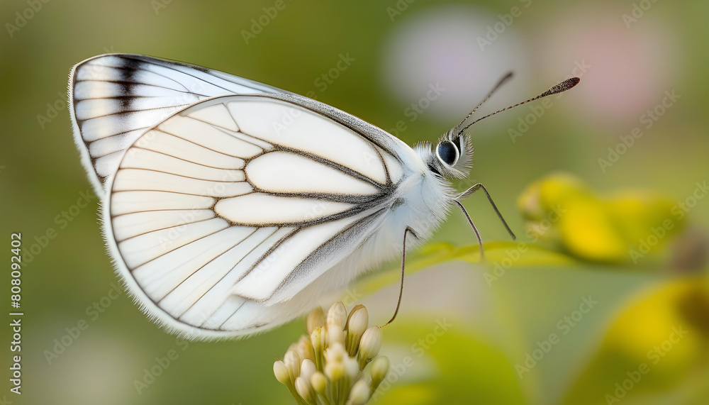 A White butterfly perched on a flower with blurred garden background A White butterfly perched on a flower with blurred garden background