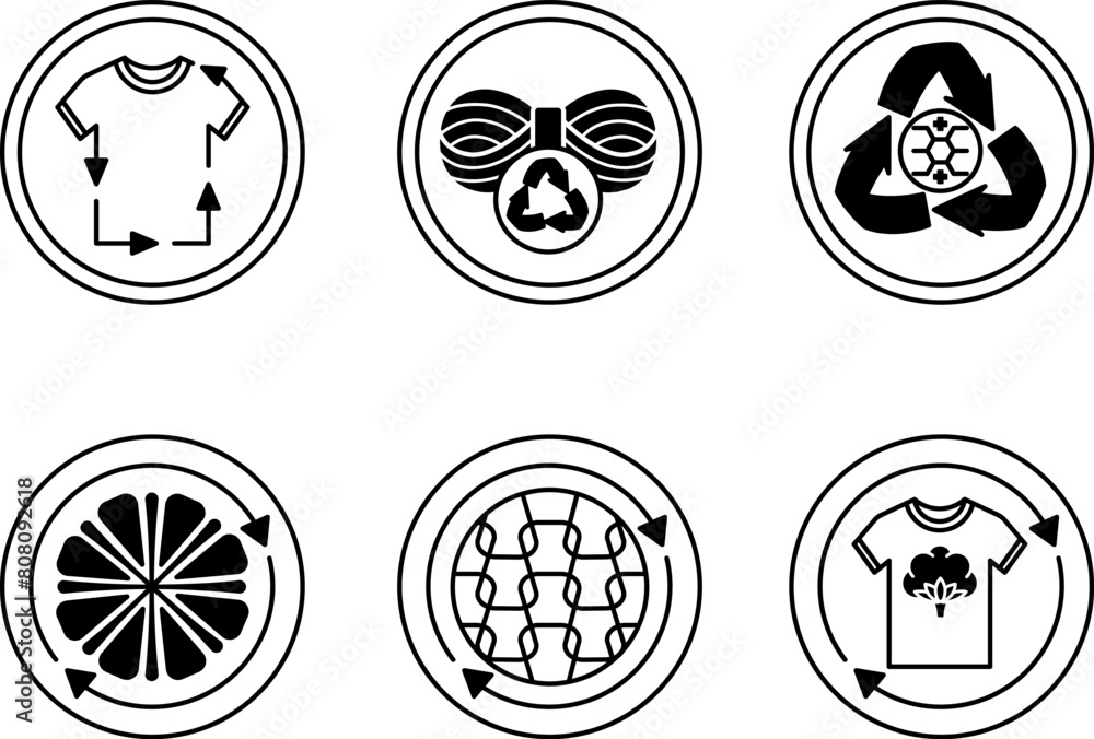 Black Icons of Recycled Textile Fibers. Vector Labels, Tags for Packaging. Recycled Textiles, Wool, Polyester, Microfiber, Nylon and Cotton. Fabric Concept Black Icons of Recycled Textile Fibers. Vector Labels, Tags for Packaging. Recycled Textiles, Wool, Polyester, Microfiber, Nylon and Cotton. Fabric Concept