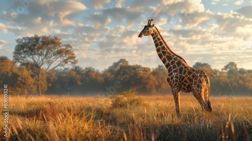 A tall giraffe stands in the middle of a grassy field. The giraffe is looking to the left of the frame. The background is a sunset sky with clouds.