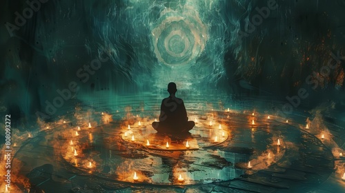 A lone figure sits in meditation in a dark cave. The only light comes from the candles that surround him. photo