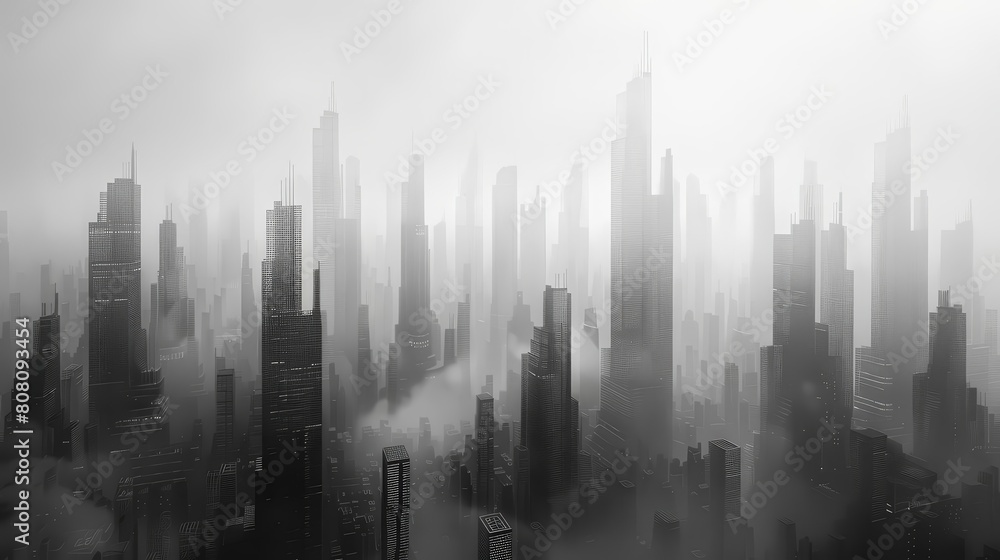 A black and white photo of a futuristic city with tall skyscrapers and a heavy fog.