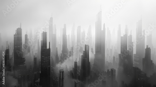 A black and white photo of a futuristic city with tall skyscrapers and a heavy fog.