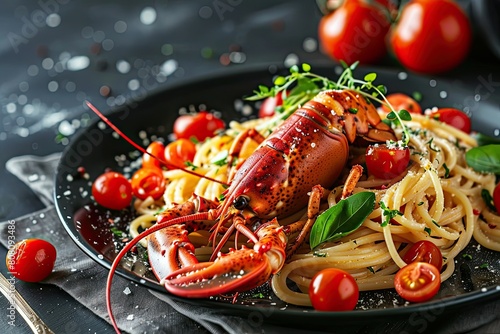  Spaghetti with lobster and cherry tomatoes served on black plate 