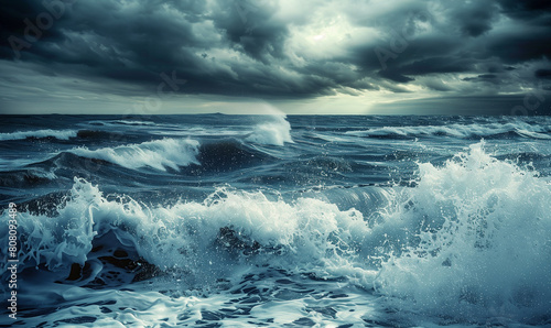 This atmospheric photograph captures the captivating allure of ocean waves under a brooding sky. The tumultuous waves roll and crash against the shoreline, their frothy crests illuminated by the faint