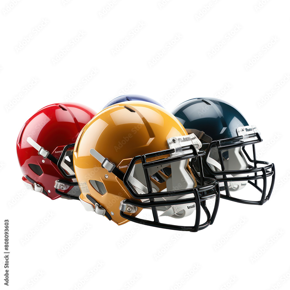 Naklejka premium Three football helmets in a row. The red one is on the left, the yellow one is in the middle, and the blue one is on the right.