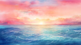 Generate a serene watercolor background depicting a sunrise over the ocean