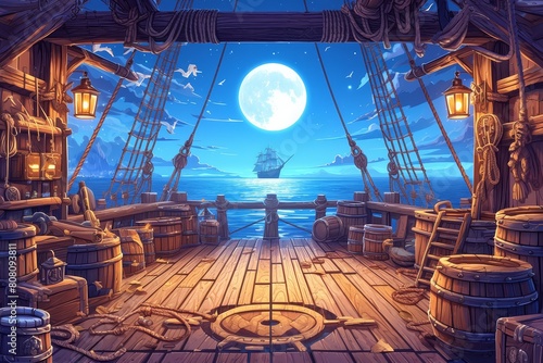 Pirate ship deck background. The scene includes the interior of an old pirate galleon at night with lanterns and the sea in front. There is also a full moon shining on the water.  photo
