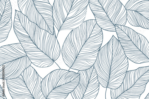 Tropical leaf line art wallpaper background vector. Natural leaves pattern design in minimalist linear.