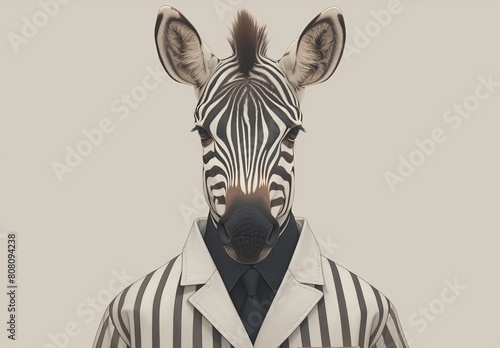 portrait of a zebra wearing a suit and tie  with black and white stripes  on a grey background