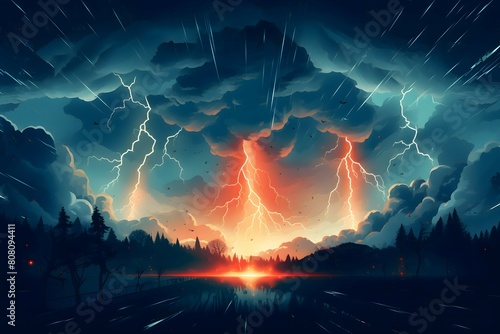 The effect of lightning and electric sparks in a flat style. Lightning strike over forest and lake photo