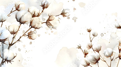 White background with cotton sprigs in watercolor technique