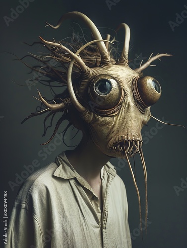 The image shows a portrait of a strange creature with a human-like face