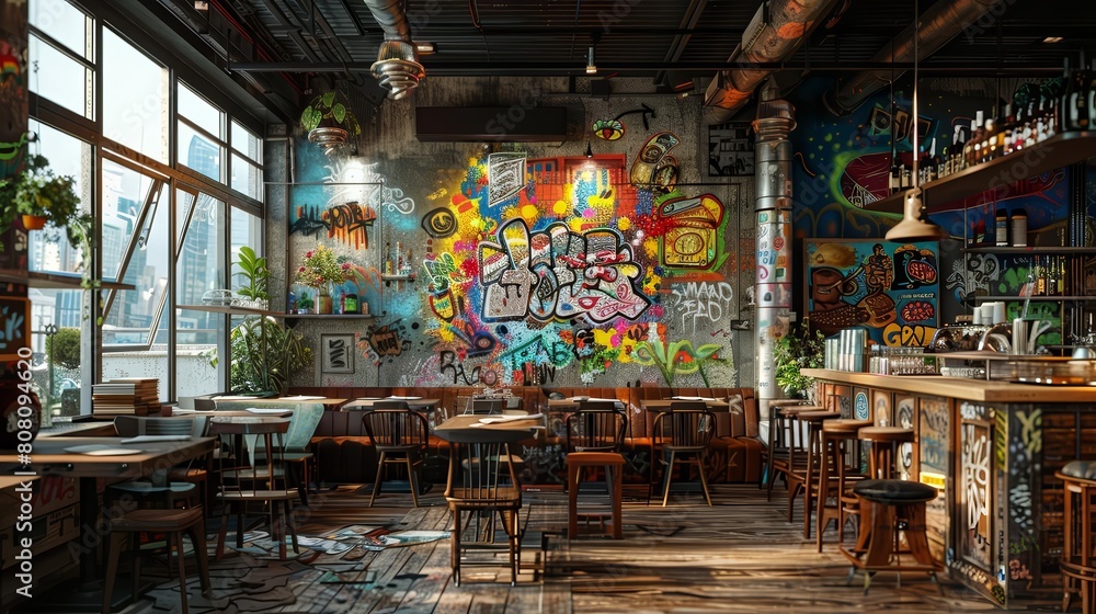graffiti-covered bar/cafe interior with large windows, wooden tables and chairs, and a brick wall in the background