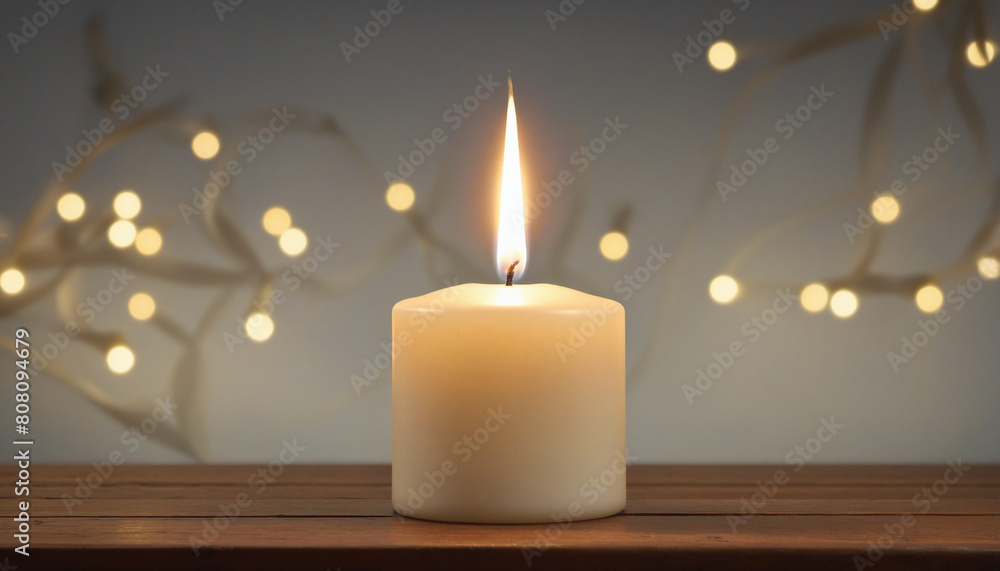 Christmas candle glowing in the darkness with festive decorations in the background and copy space Christmas candle glowing in the darkness with festive decorations in the background and copy space