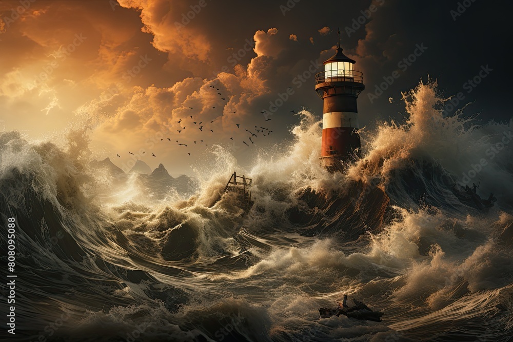 AI generated image - big storm with big waves near a lighthouse.