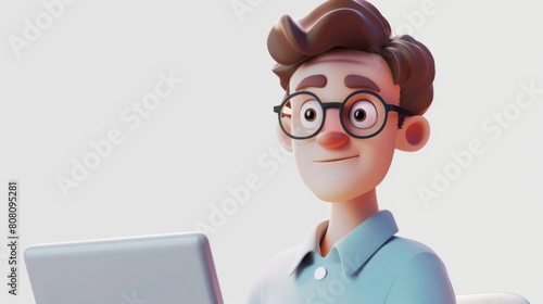 Animated Male CharaA young animated male character with glasses, engaging with a laptop in a friendly, approachable manner, highlighted by a soft blue background.cter Using Laptop photo