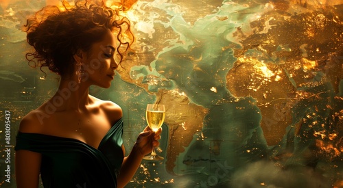 A beautiful woman with curly hair holding a champagne glass, wearing an emerald green dress standing in front of a world map, with global illumination, using a gold and black color palette, copy space