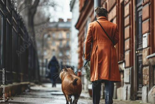 caucasian stylish man in coat walking with Capybara on a leash, on the street, dreamlike romantic atmospheric