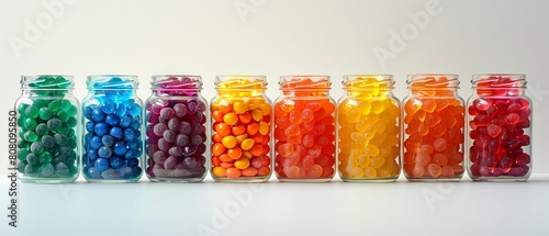 A row of 10 glass jars, brimming with a rainbow of candies, creates a striking contrast against a simple white background 8K , high-resolution, ultra HD,up32K HD