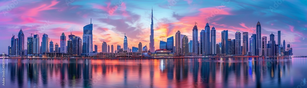 In the foreground, a river reflects the vibrant colors of the sunset, while in the background, the skyline is dominated by towering skyscrapers 8K , high-resolution, ultra HD,up32K HD