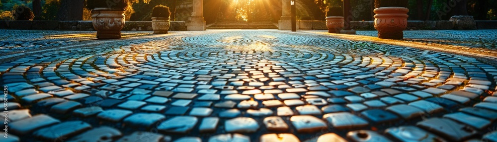 Fototapeta premium In a sunlit courtyard, a circular mosaic of blue and white tiles shimmers, casting a serene and peaceful ambiance 8K , high-resolution, ultra HD,up32K HD