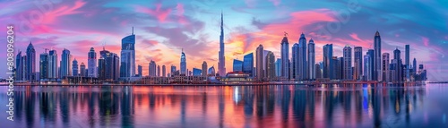 In the foreground  a river reflects the vibrant colors of the sunset  while in the background  the skyline is dominated by towering skyscrapers 8K   high-resolution  ultra HD up32K HD