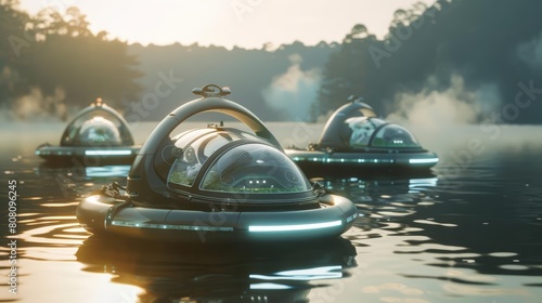 Look strange of transport with ecofriendly hovercrafts powered by algae, rendered in cute styles, perfected with a sharpen Cinematic with copy space photo