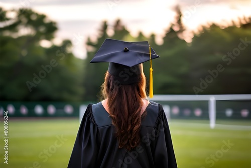 A woman in a graduation gown standing proudly on a soccer field.