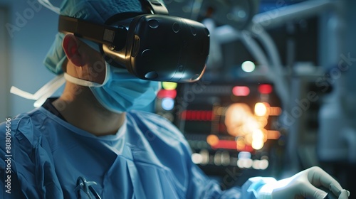 Surgeon Employing Virtual Reality for Robotic Laparoscopic Surgery Generative ai photo