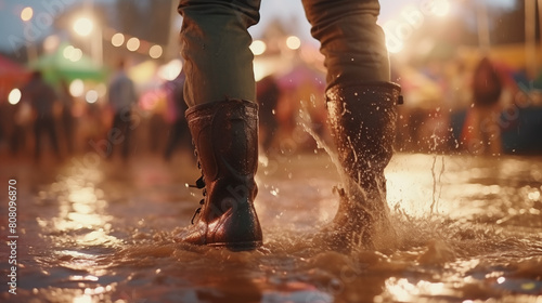 A close-up shot of a pair of muddy boots dancing in a puddle at a music festival