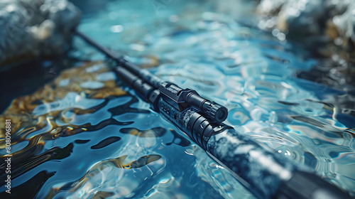 A closeup of Spearfishing Speargun, against Water as background, hyperrealistic sports accessory photography, copy space photo