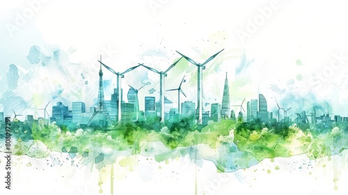 Minimal watercolor of a renewable energy farm highlighting the future of engineering in cyberpunk styles, clipart watercolor on white background