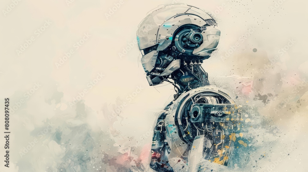 Minimal watercolor of an advanced robot demonstrating the possibilities of future technology in cyber styles, clipart watercolor on white background Minimal watercolor of an advanced robot demonstrating the possibilities of future technology in cyber styles, clipart watercolor on white background