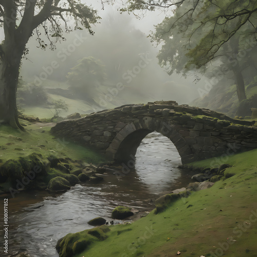 a stone bridge over a stream in a foggy forest