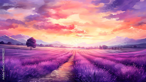 Generate a watercolor background of a vibrant sunset over a rolling lavender field photo