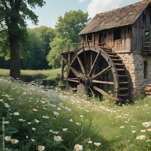 a painting of a water wheel in a field
