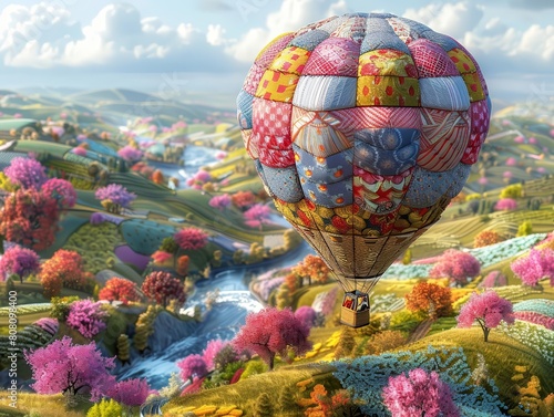 Take me on a journey through a vibrant landscape of colorful hills and valleys, where a patchwork hot air balloon soars above a river and lush forests.